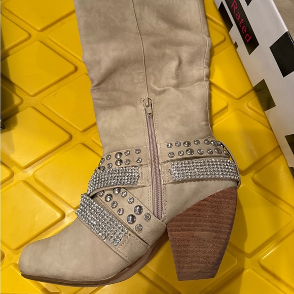 Not Rated Beige Heeled Boots with Rhinestone Straps - Picture 4 of 10